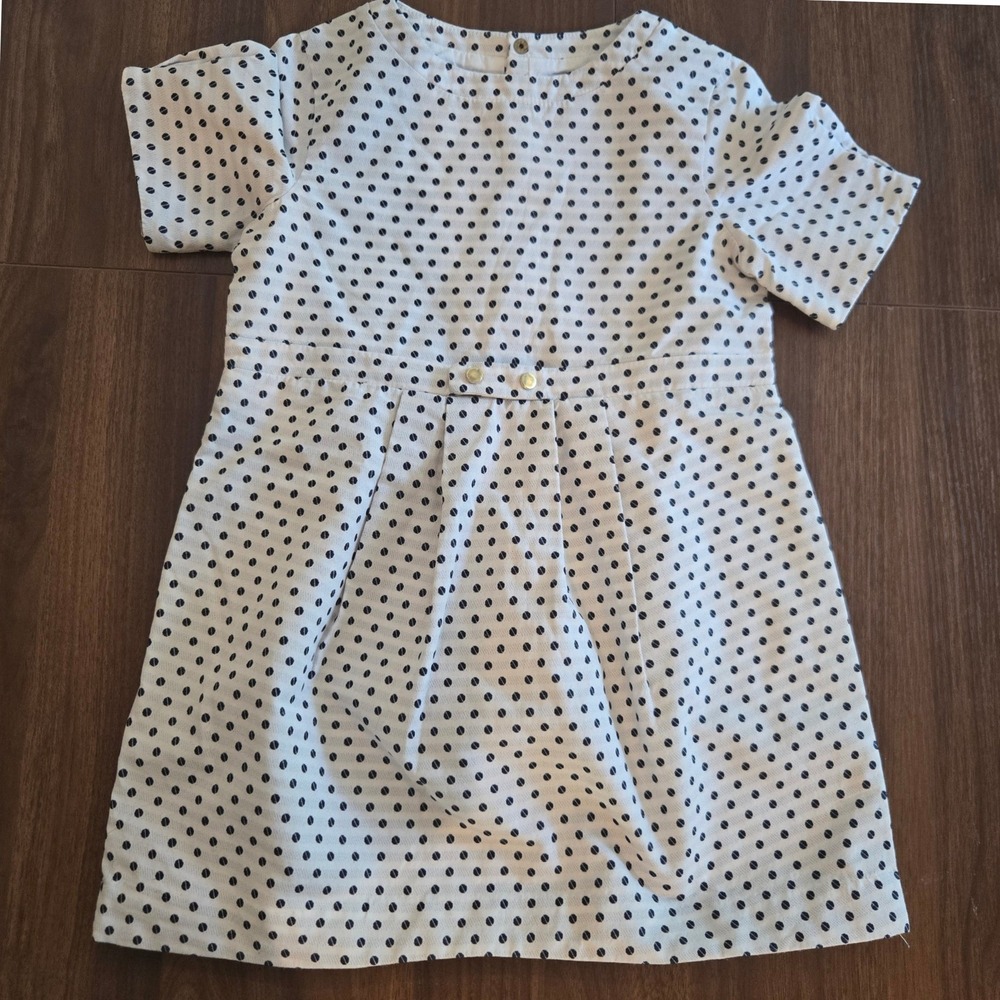 Jacadi Paris Girls White Navy Polka Dot Cotton Dress Size 4A 104cm Gold Buttons